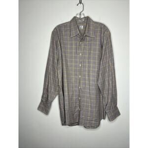 Peter Millar Mens Shirt Large Brown Houndstooth Check Cotton Classic Casual Prep